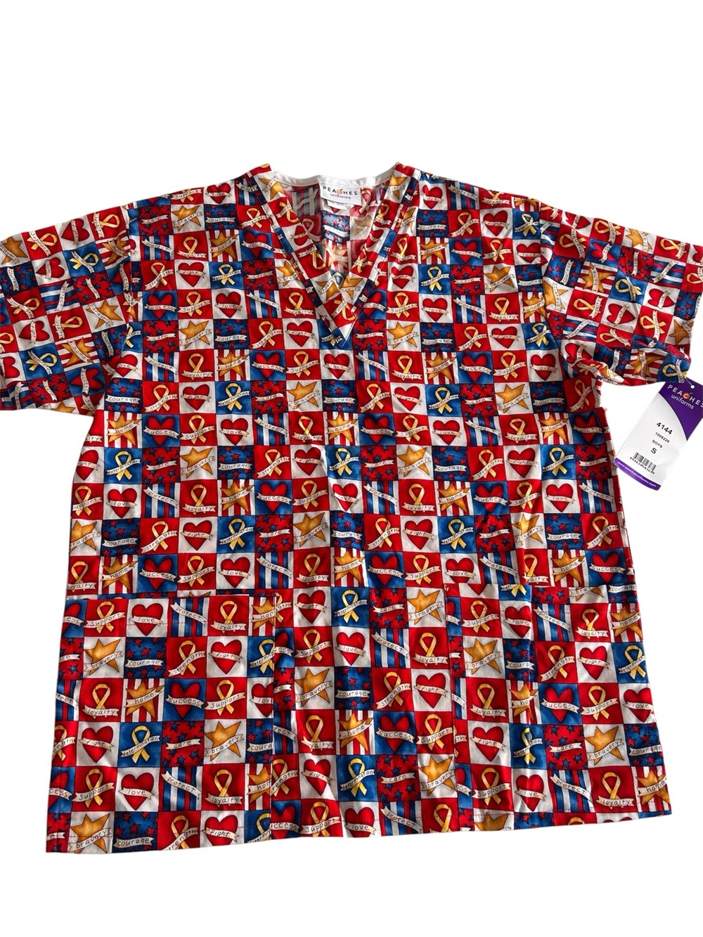 PEACHES Patriotic V-NECK Scrub Top Stars Hearts Inspirational Banners Size Small